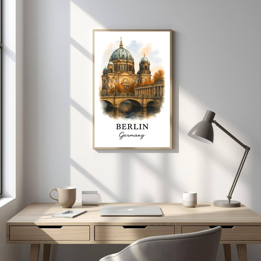 Framed Berliner Dom art displayed in an office or study. Adds a sophisticated, cultural, and commanding atmosphere.