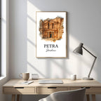Framed Al-Khazneh art displayed in an office or study. Adds a sophisticated, cultural, and commanding atmosphere.
