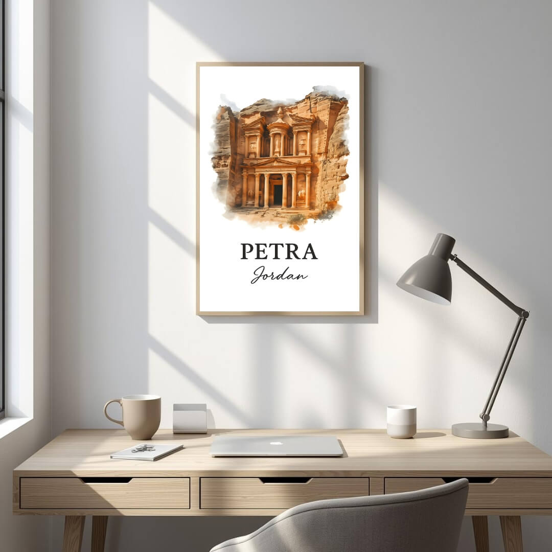 Framed Al-Khazneh art displayed in an office or study. Adds a sophisticated, cultural, and commanding atmosphere.