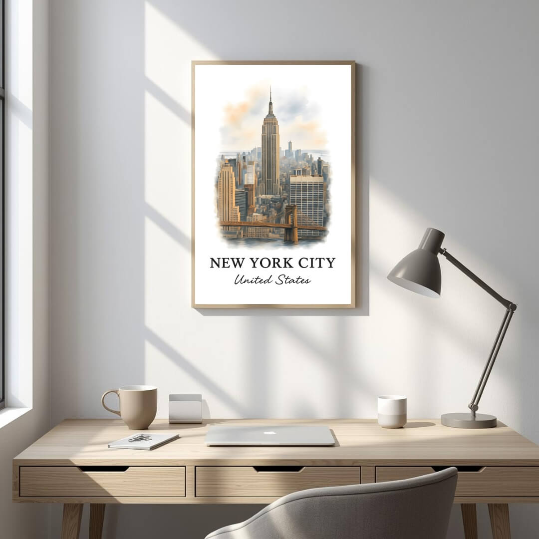 Framed Empire State Building art displayed in an executive office or high-end loft. Adds a powerful, cosmopolitan, and ambitious statement.