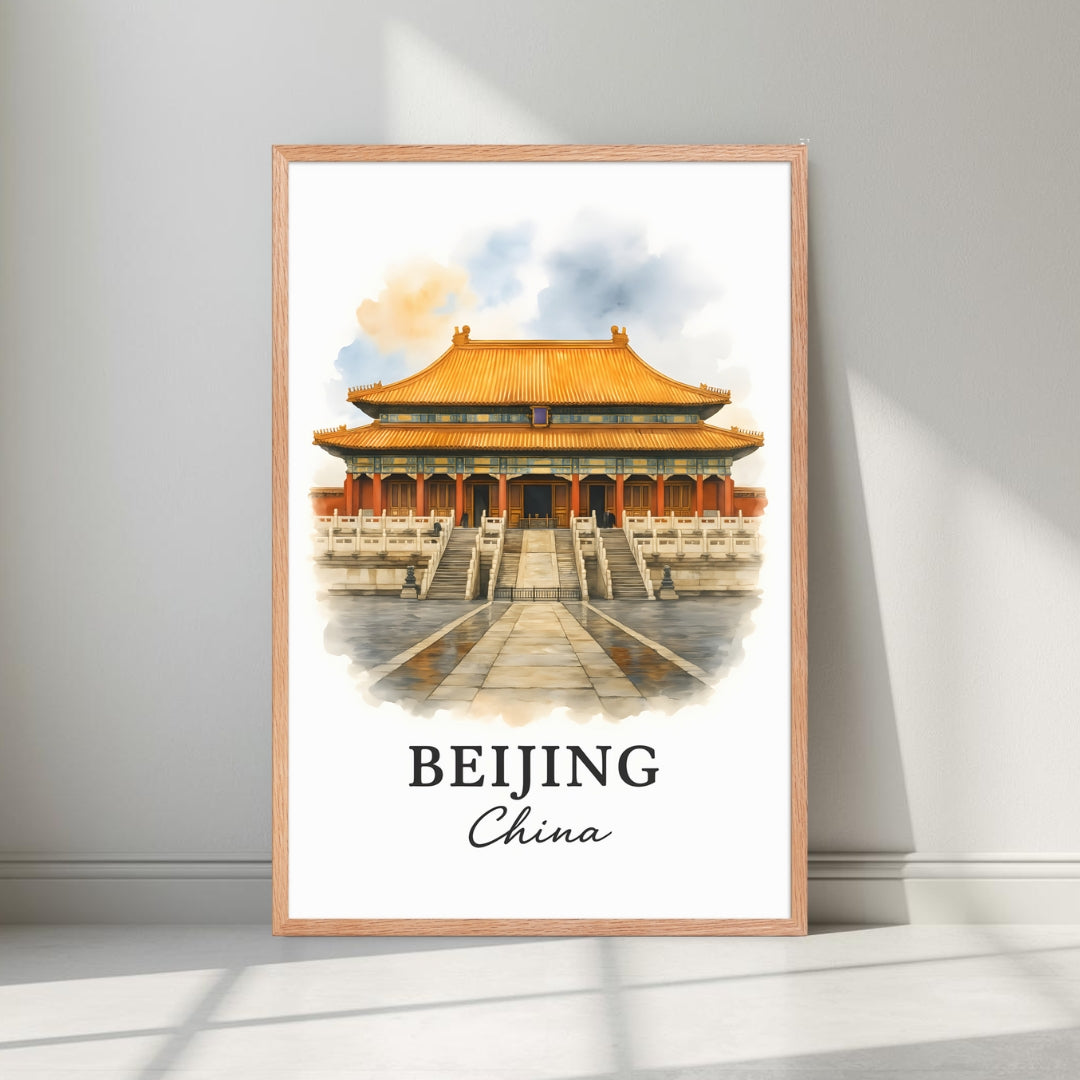 Framed Beijing Palace art displayed in an executive office or library. Adds a sophisticated, cultural, and authoritative aesthetic.