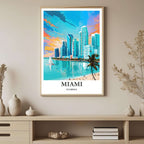 A framed art print depicting the colorful Miami city and beach at sunset, styled to complement a fun, sophisticated interior.