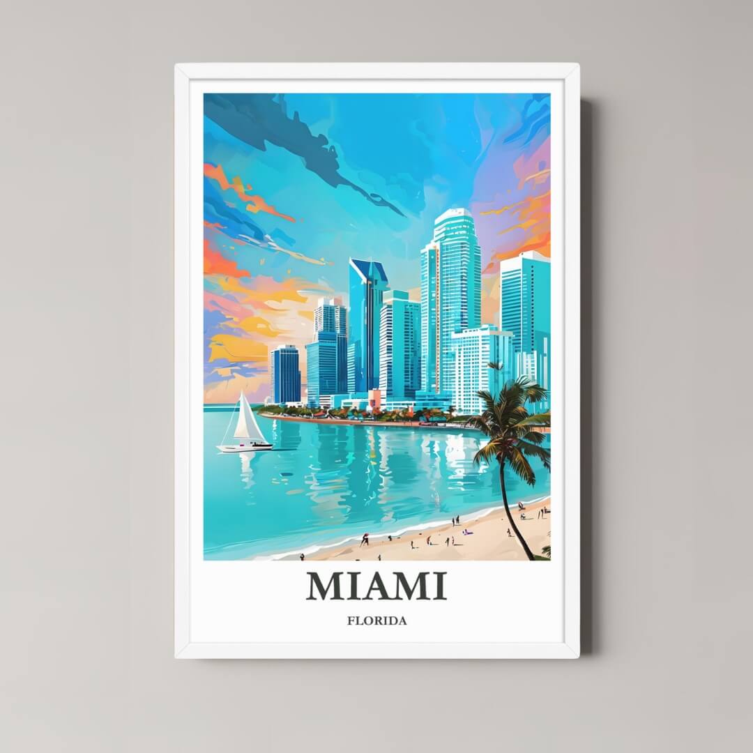 A framed art print of the Miami illustration with a minimalist white frame, ideal for a clean, modern, beach-themed room.