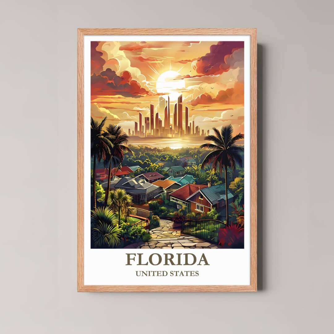 A framed, vibrant illustration of a Florida tropical sunset and modern skyline with a light wood frame, featuring palm trees and colorful houses.