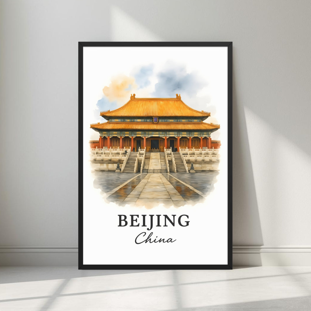 Framed art print of a majestic Beijing Imperial Palace structure in a sleek black Ayous wood frame. Ideal for luxury Chinese or Asian-inspired wall decor.