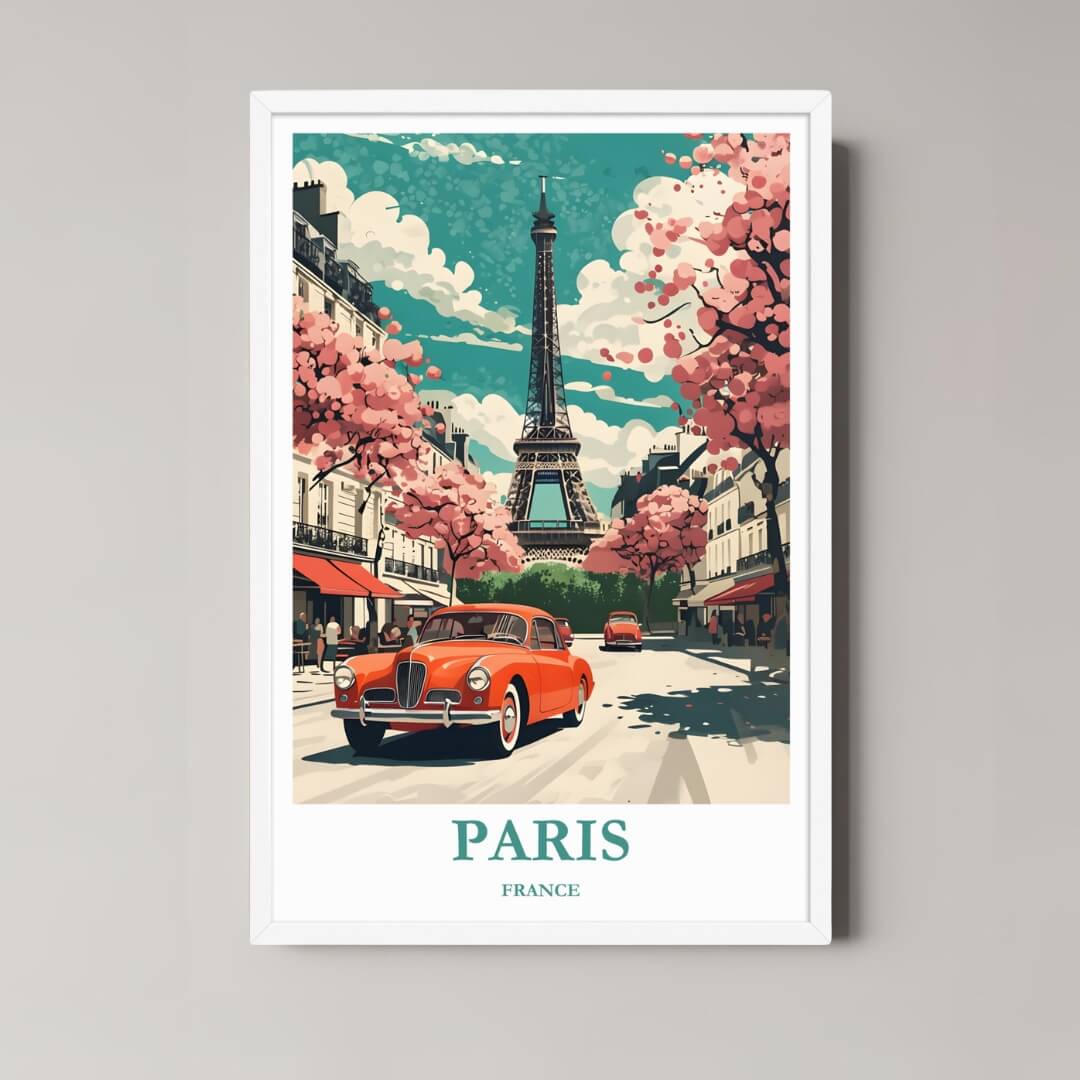 A framed art print of the Paris illustration with a minimalist white frame, ideal for a clean, romantic, or European-themed room.