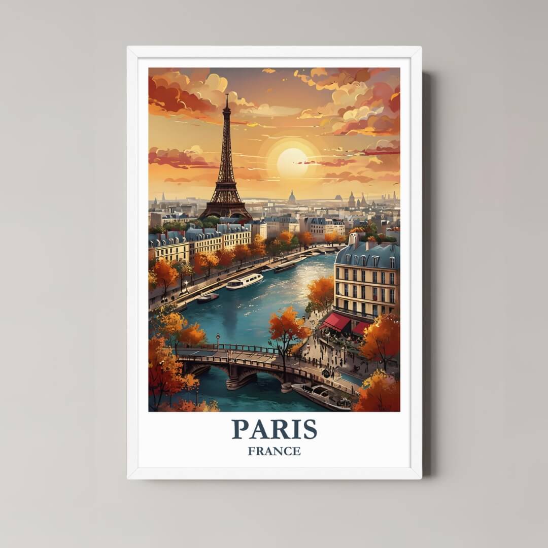  A framed art print of the Parisian cityscape with a minimalist white frame, perfect for a clean, vibrant decor style.

