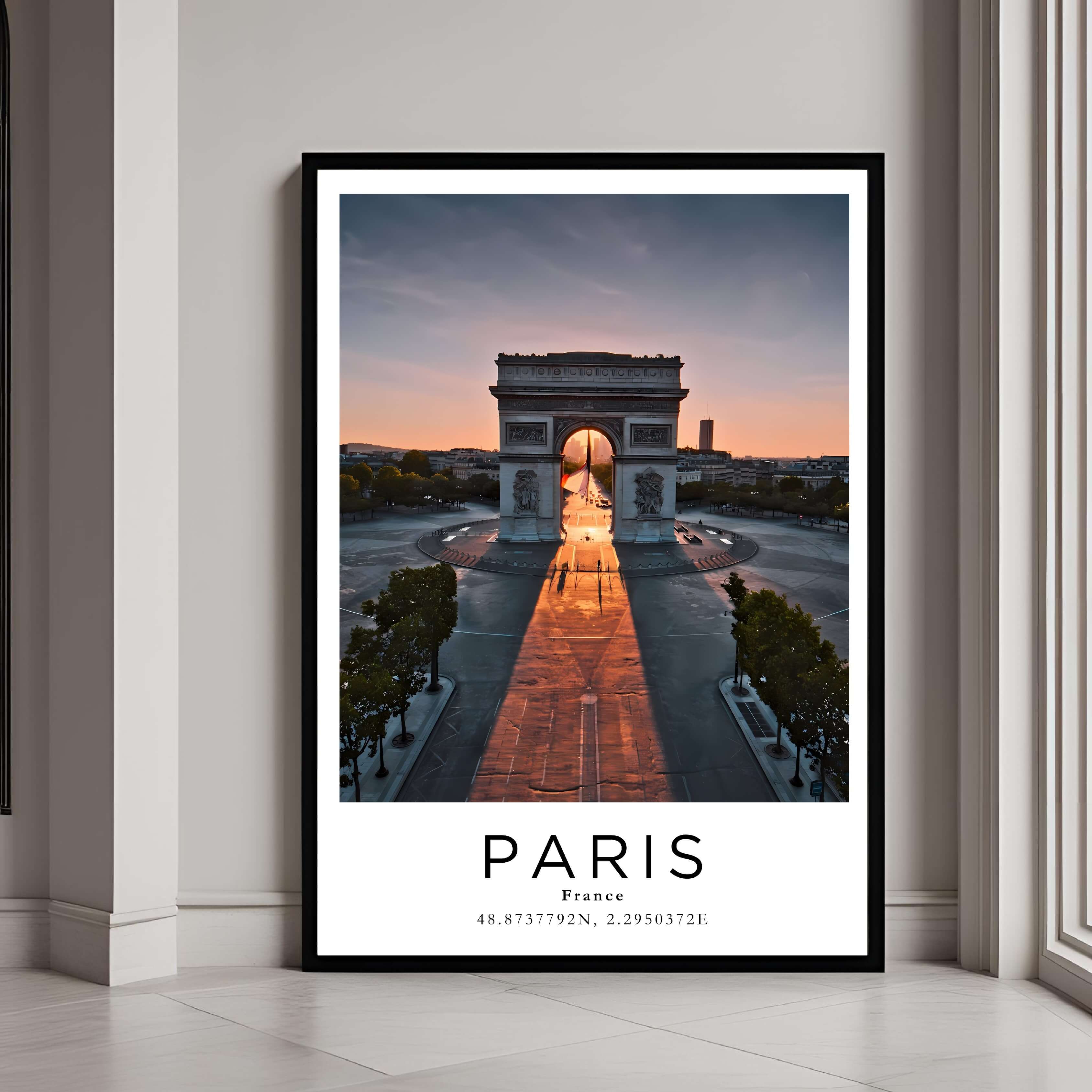 A framed art print of the Arc de Triomphe with a classic black frame, adding a sleek and elegant touch to home decor.