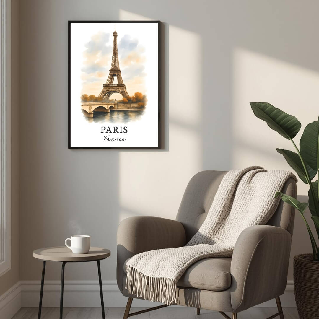 Framed Eiffel Tower print displayed as part of a curated European gallery wall. Shows seamless integration into luxury decor collections.