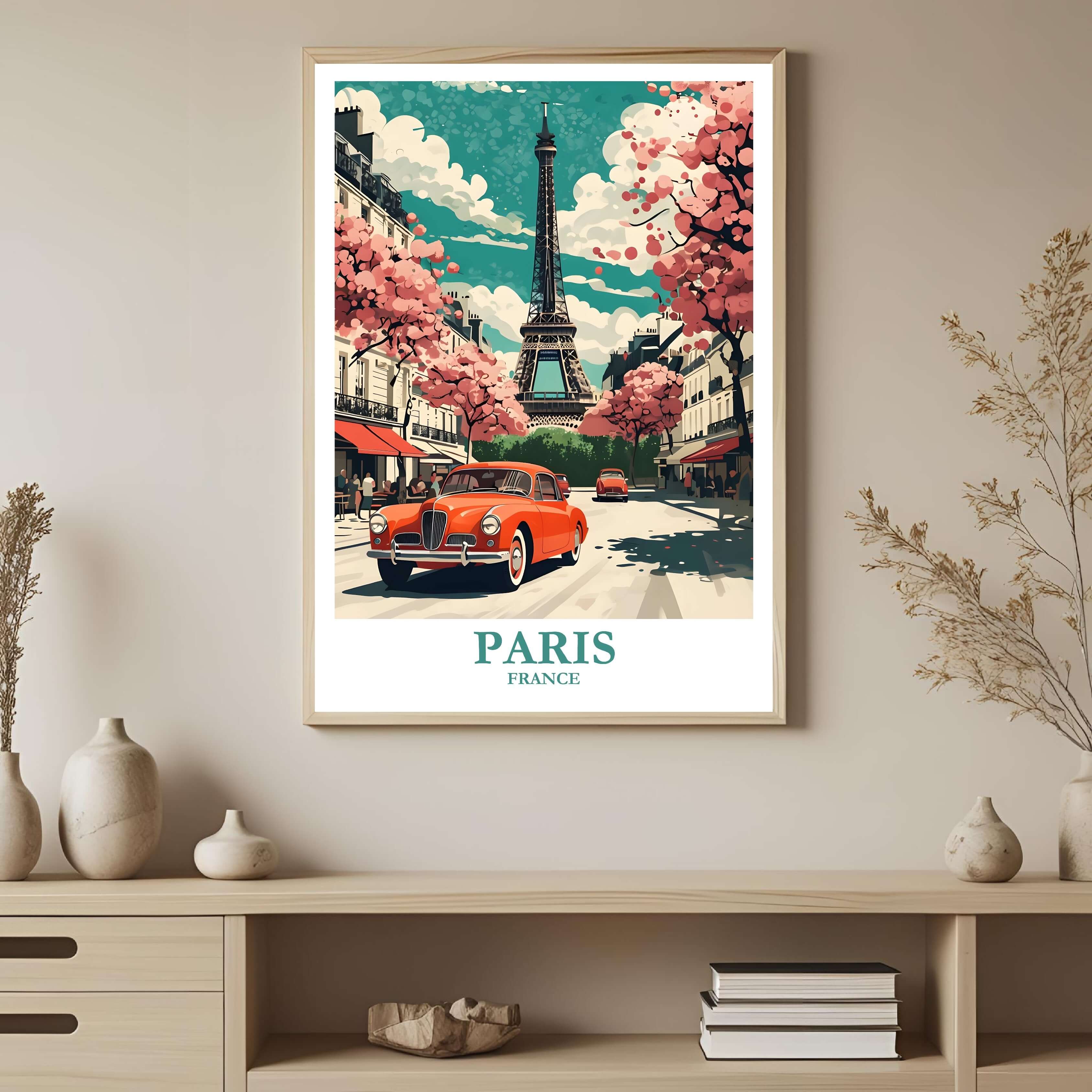 A framed art print depicting the vibrant Paris city at sunset, styled to complement a sophisticated, elegance-focused interior.