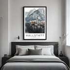 A curated art gallery wall that includes a framed Hallstatt poster, showcasing a creative and personalized collection of prints.