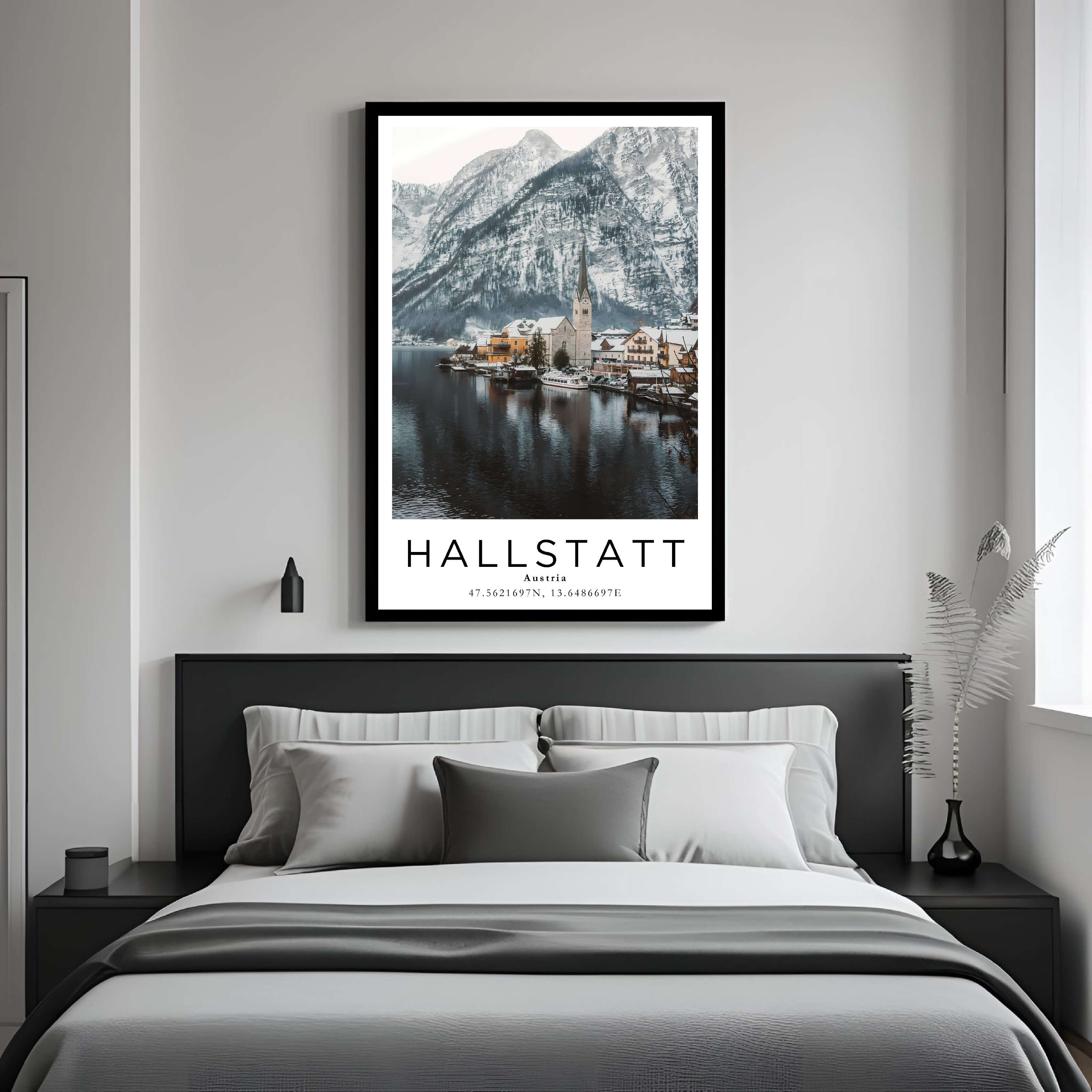A curated art gallery wall that includes a framed Hallstatt poster, showcasing a creative and personalized collection of prints.