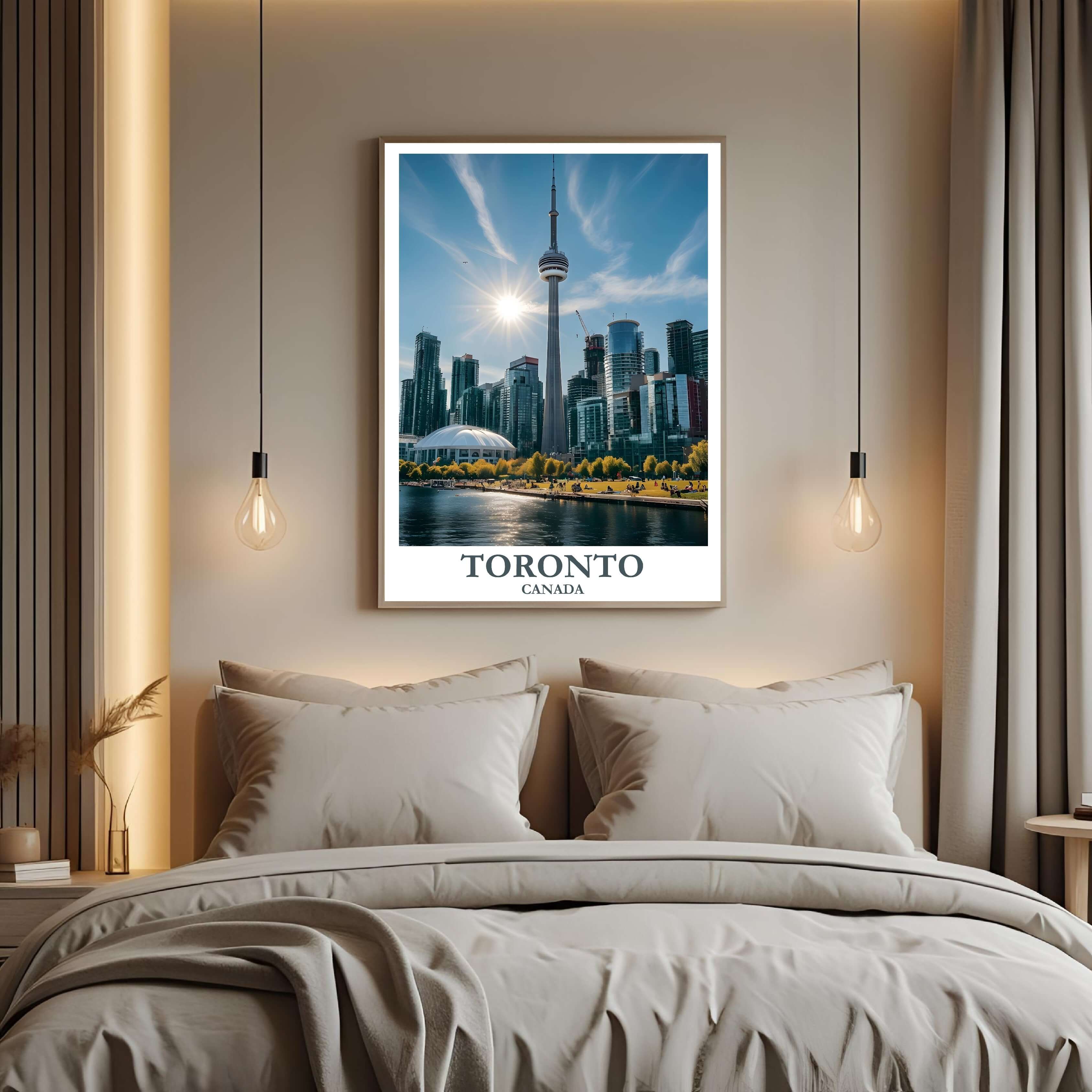 A curated art gallery wall that includes a framed Toronto poster, showcasing a creative and personalized collection of prints.