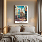 A curated art gallery wall that includes a framed Amsterdam poster, showcasing a creative and personalized collection of prints.