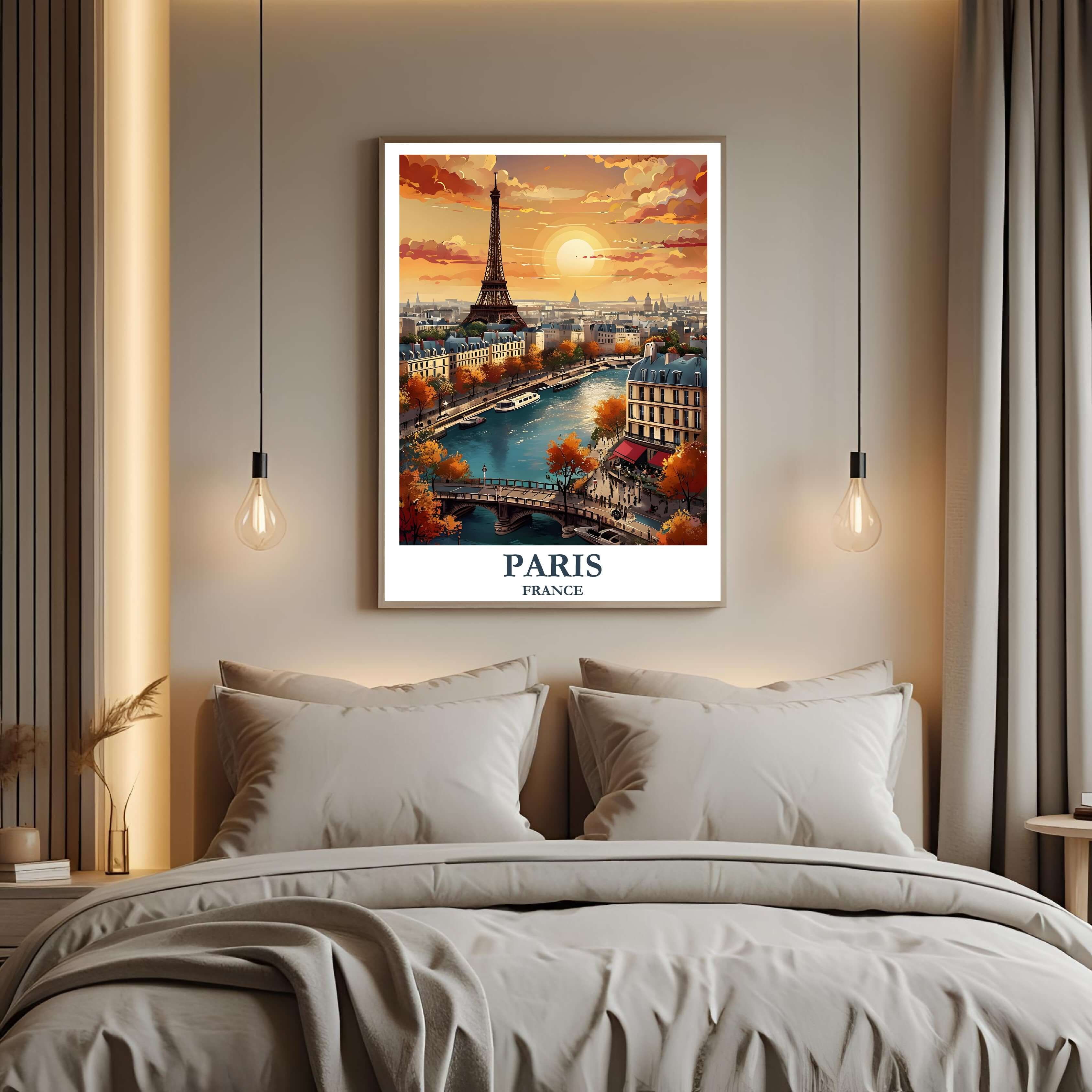 A curated art gallery wall that includes a framed Paris poster, showcasing a creative and personalized collection of prints.