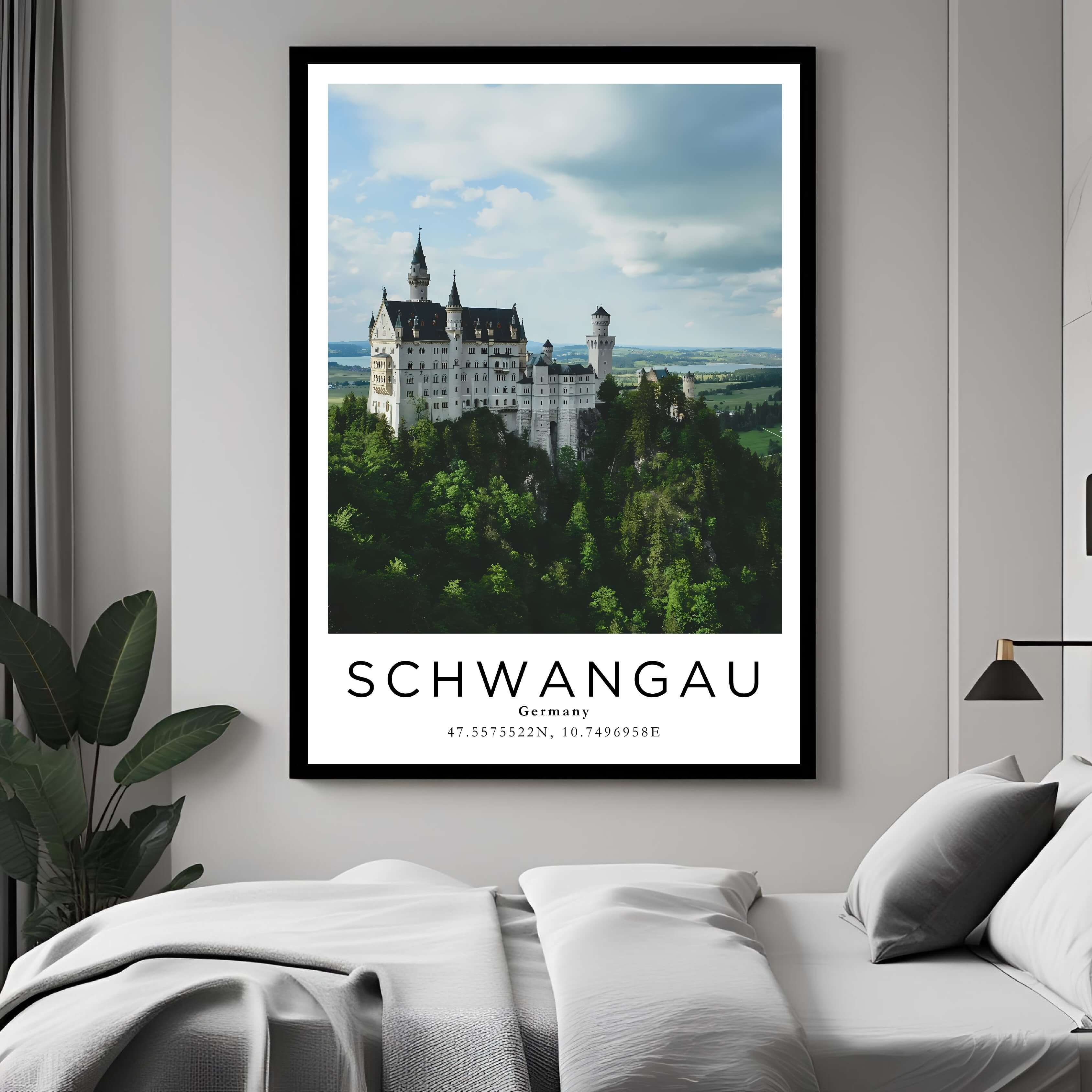 A curated art gallery wall that includes a framed Neuschwanstein Castle poster, showcasing a creative and personalized collection of prints.
