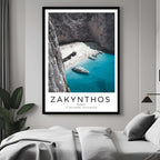 A curated art gallery wall that includes a framed Zakynthos poster, showcasing a creative and personalized collection of prints.
