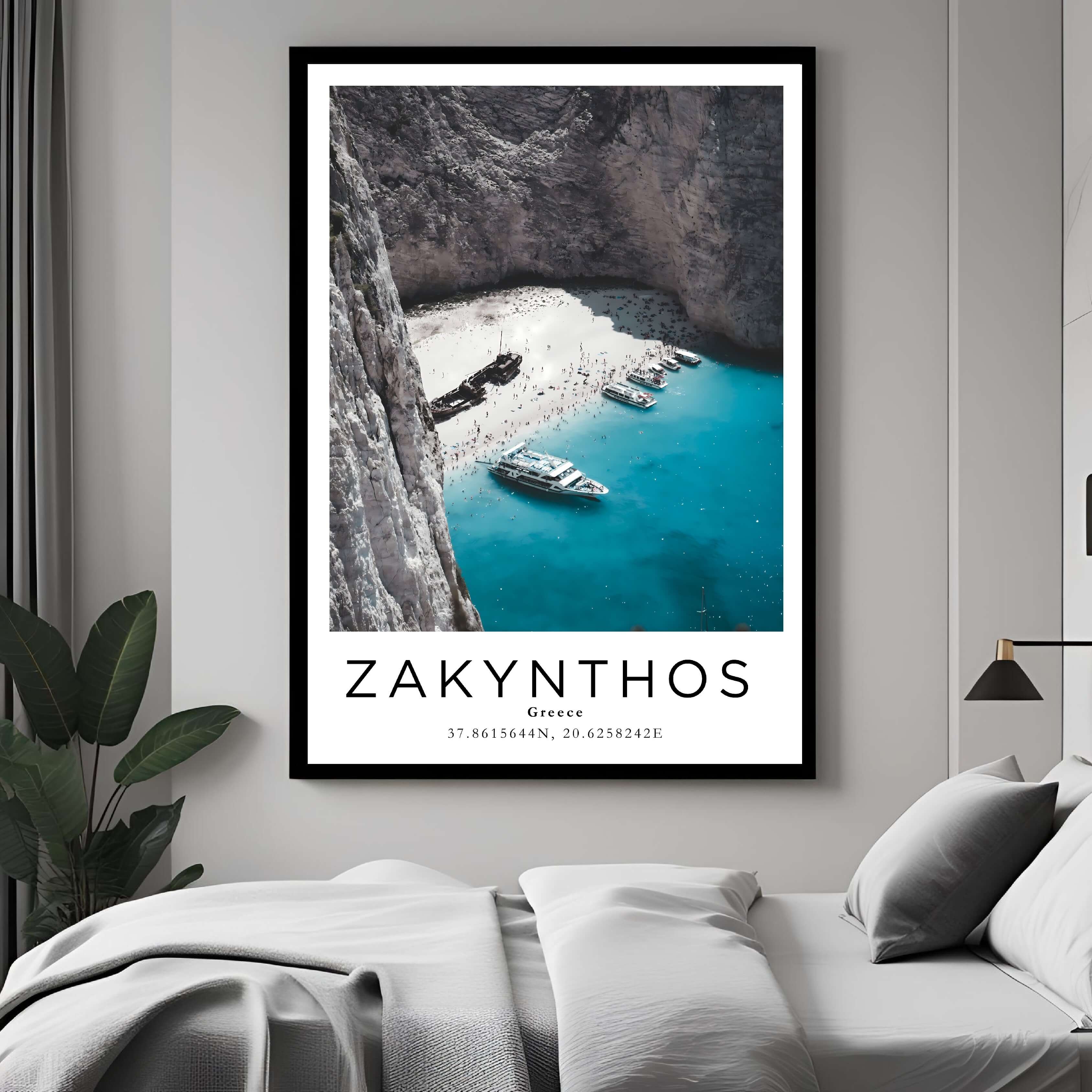 A curated art gallery wall that includes a framed Zakynthos poster, showcasing a creative and personalized collection of prints.