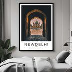 A curated art gallery wall that includes a framed New Delhi poster, showcasing a creative and personalized collection of prints.