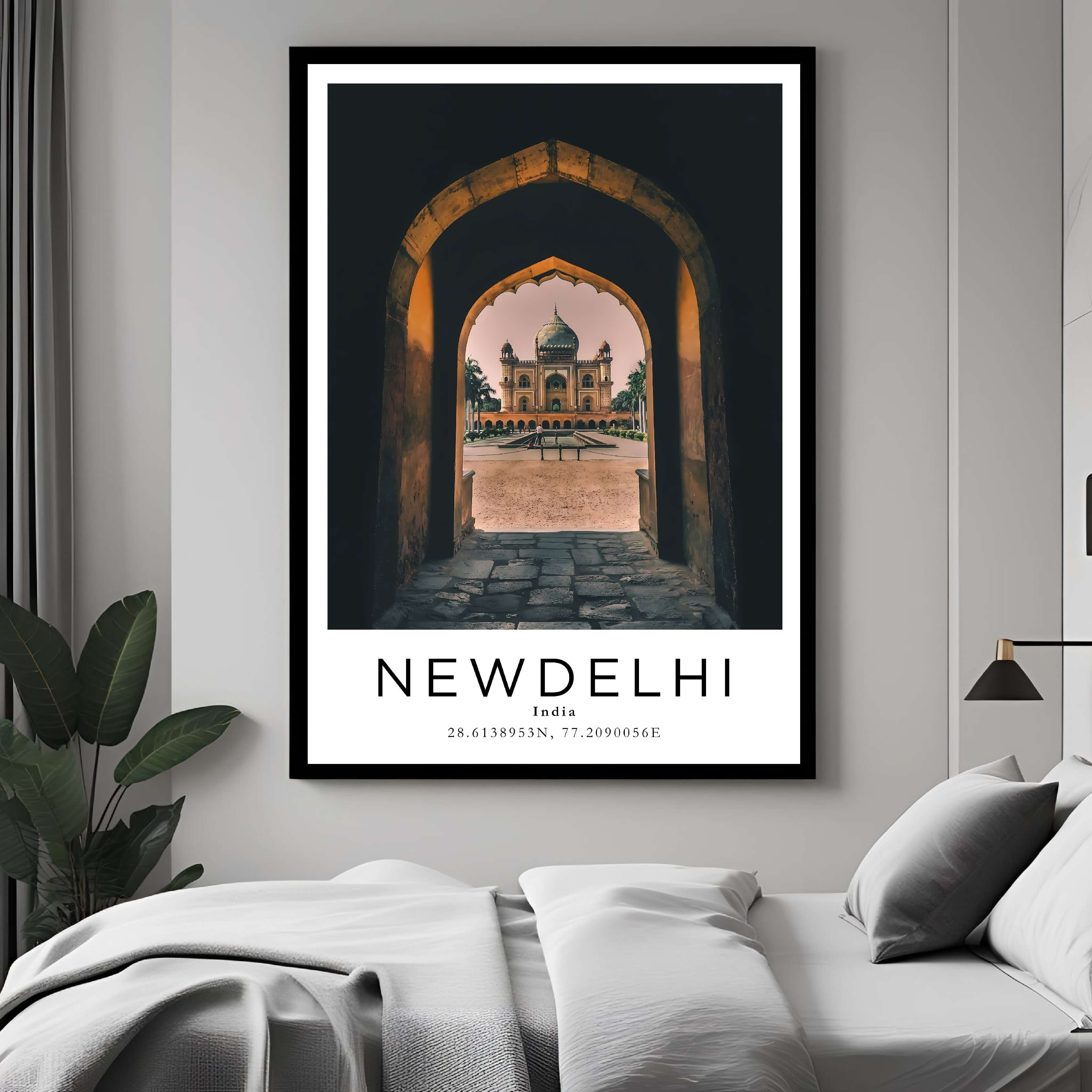 A curated art gallery wall that includes a framed New Delhi poster, showcasing a creative and personalized collection of prints.