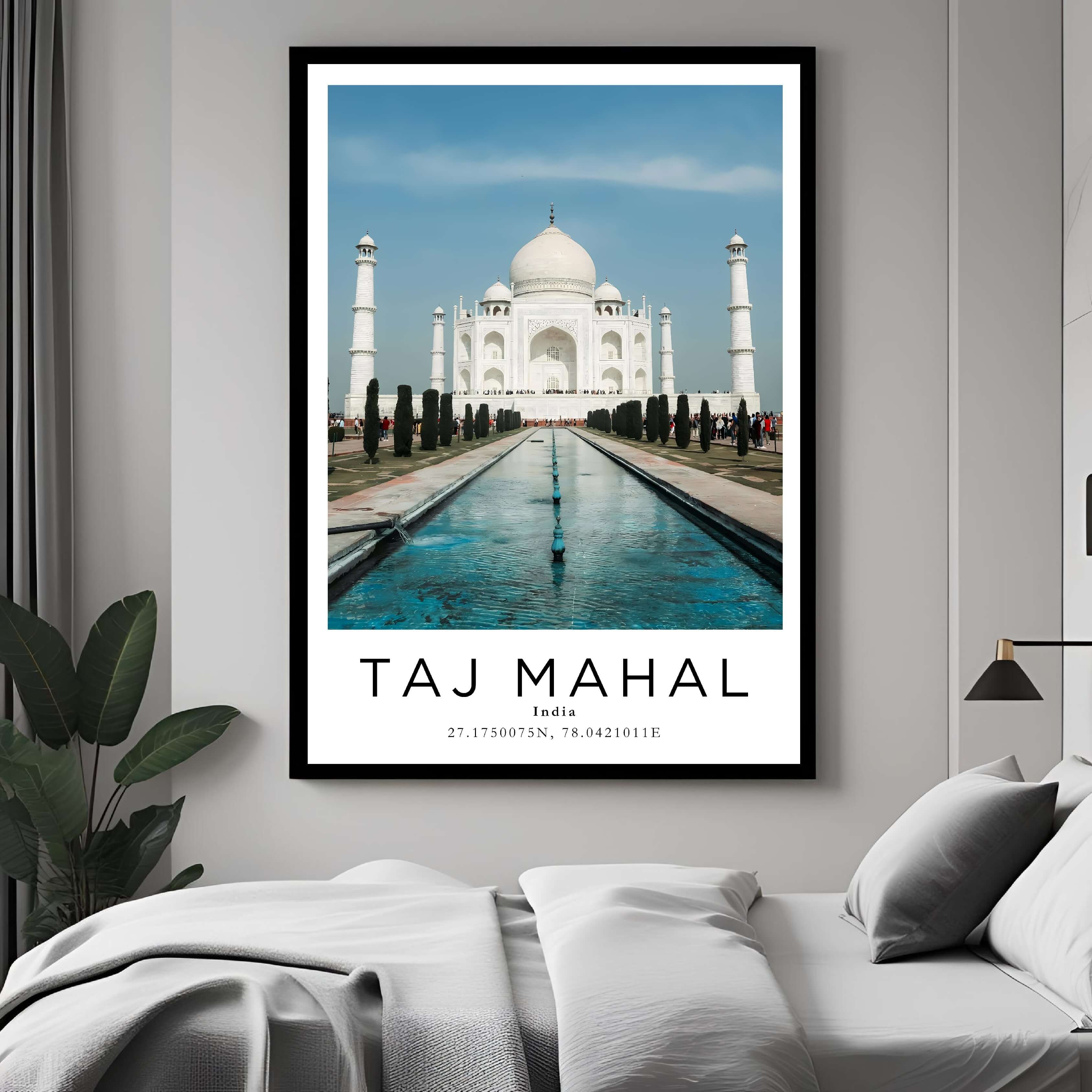 A curated art gallery wall that includes a framed Taj Mahal poster, showcasing a creative and personalized collection of prints.