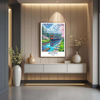  A curated art gallery wall that includes a framed Kyoto poster, showcasing a creative and personalized collection of prints.