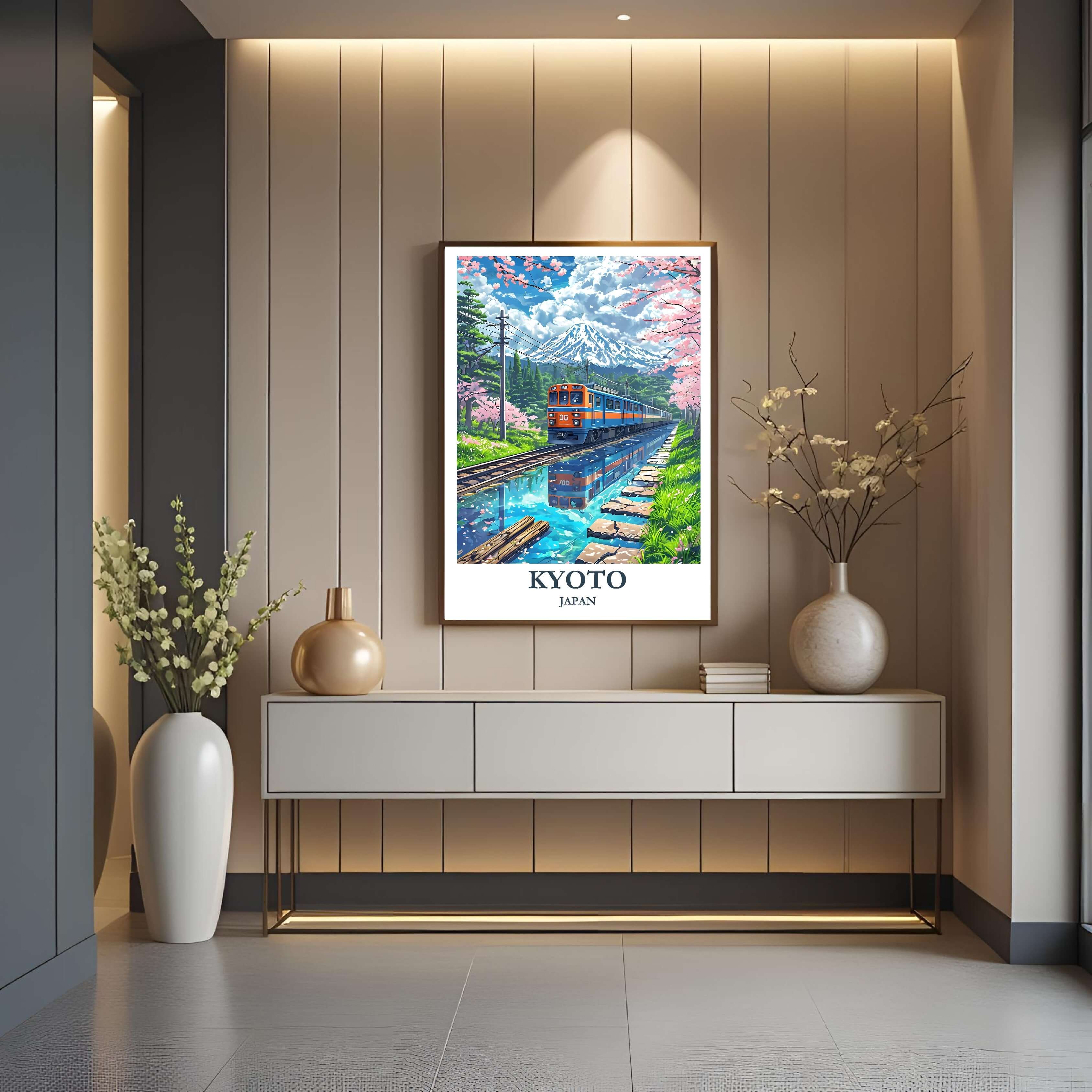  A curated art gallery wall that includes a framed Kyoto poster, showcasing a creative and personalized collection of prints.
