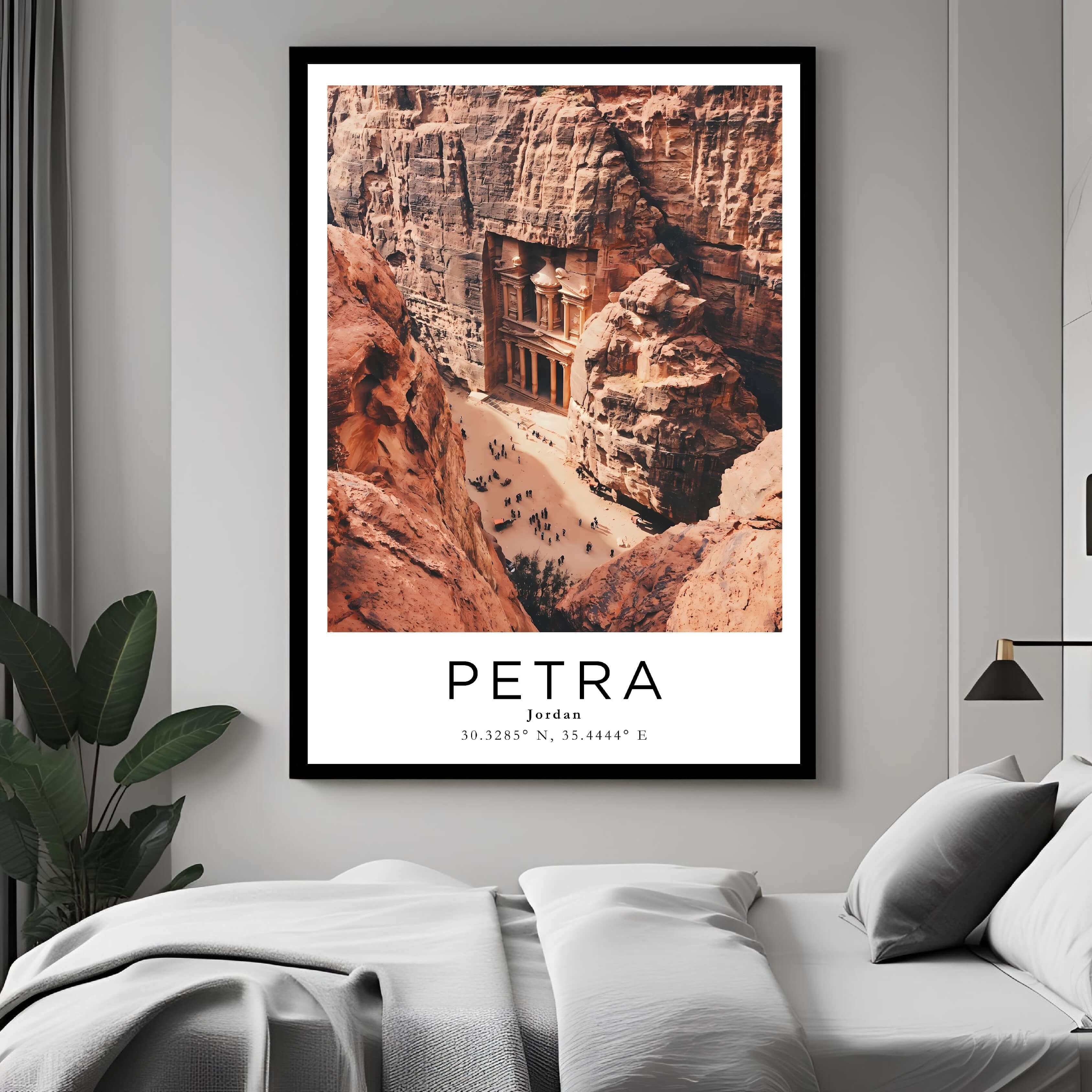 A curated art gallery wall that includes a framed Petra poster, showcasing a creative and personalized collection of prints.