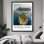  A curated art gallery wall that includes a framed Nordland poster, showcasing a creative and personalized collection of prints.