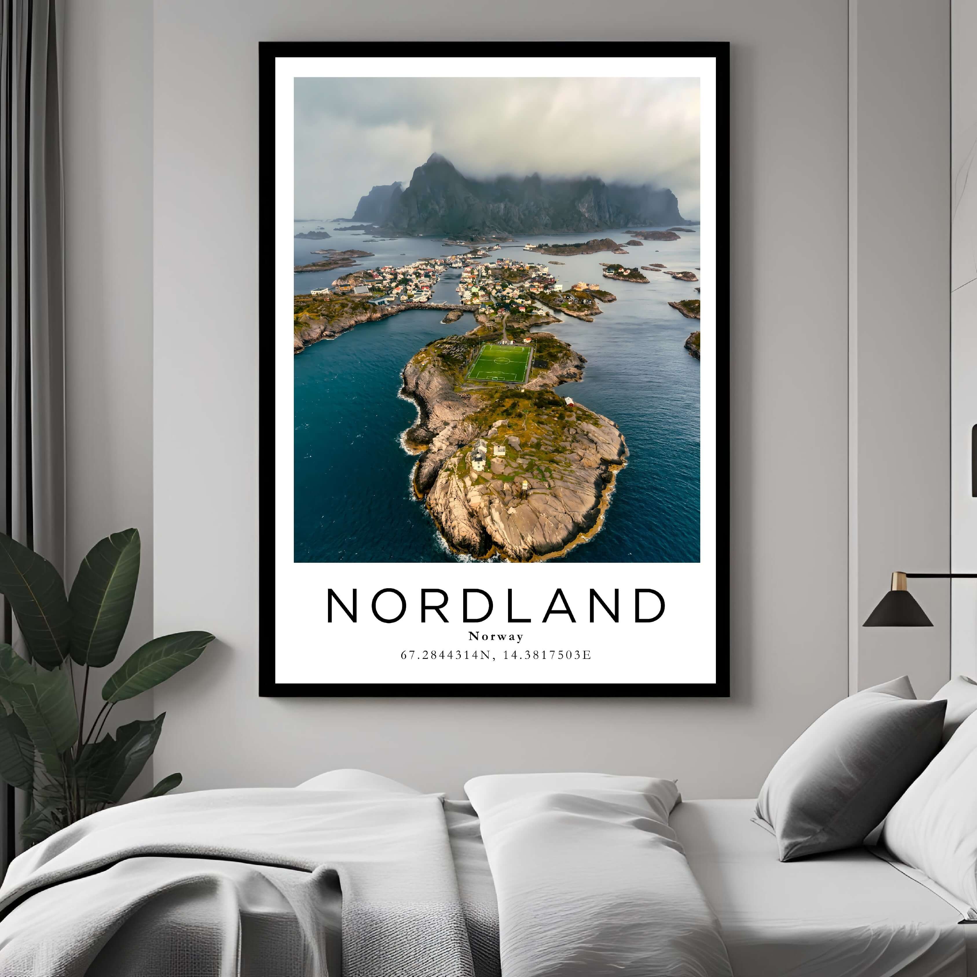  A curated art gallery wall that includes a framed Nordland poster, showcasing a creative and personalized collection of prints.