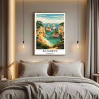  A curated art gallery wall that includes a framed Algarve poster, showcasing a creative and personalized collection of prints.