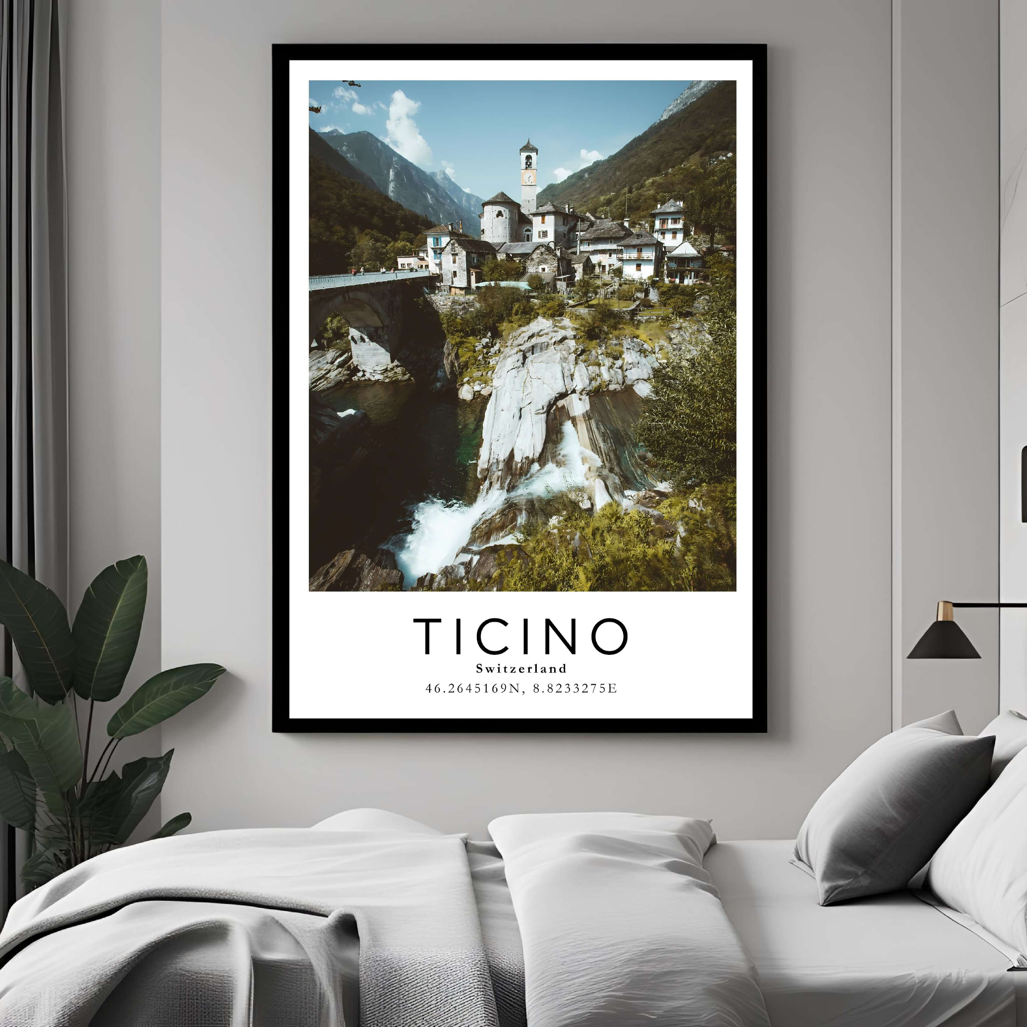  A curated art gallery wall that includes a framed Ticino poster, showcasing a creative and personalized collection of prints.