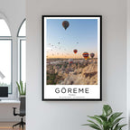 A curated art gallery wall that includes a framed Göreme poster, showcasing a creative and personalized collection of prints.