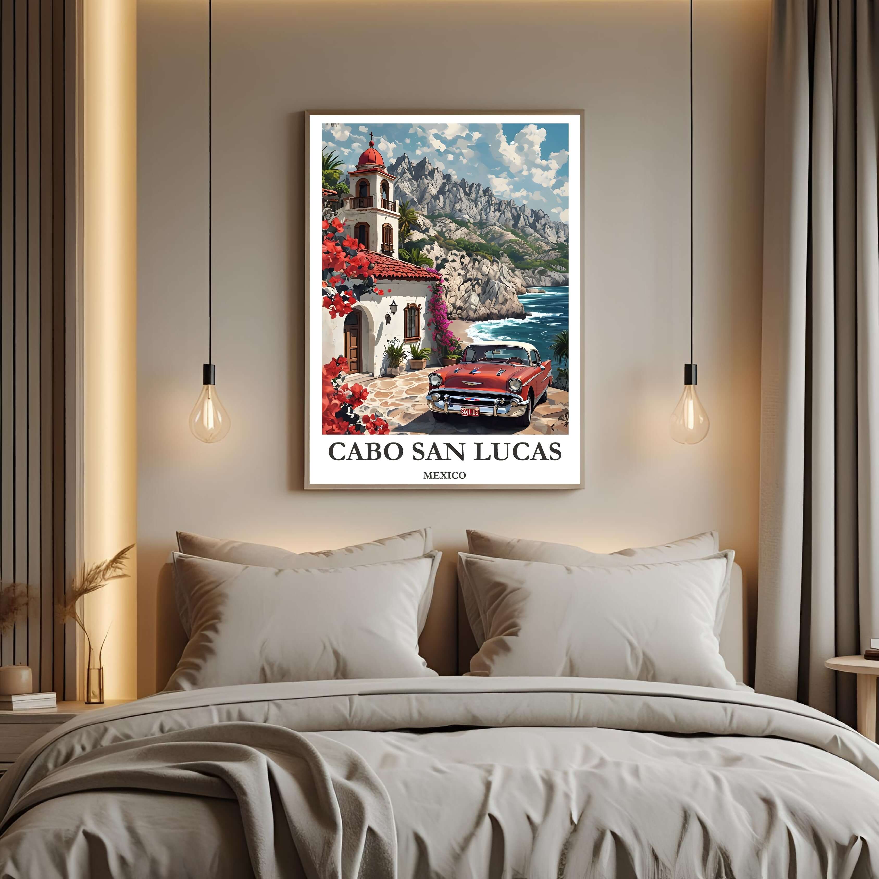 A curated art gallery wall that includes the framed Cabo San Lucas illustration, showcasing a creative and personalized collection of prints.