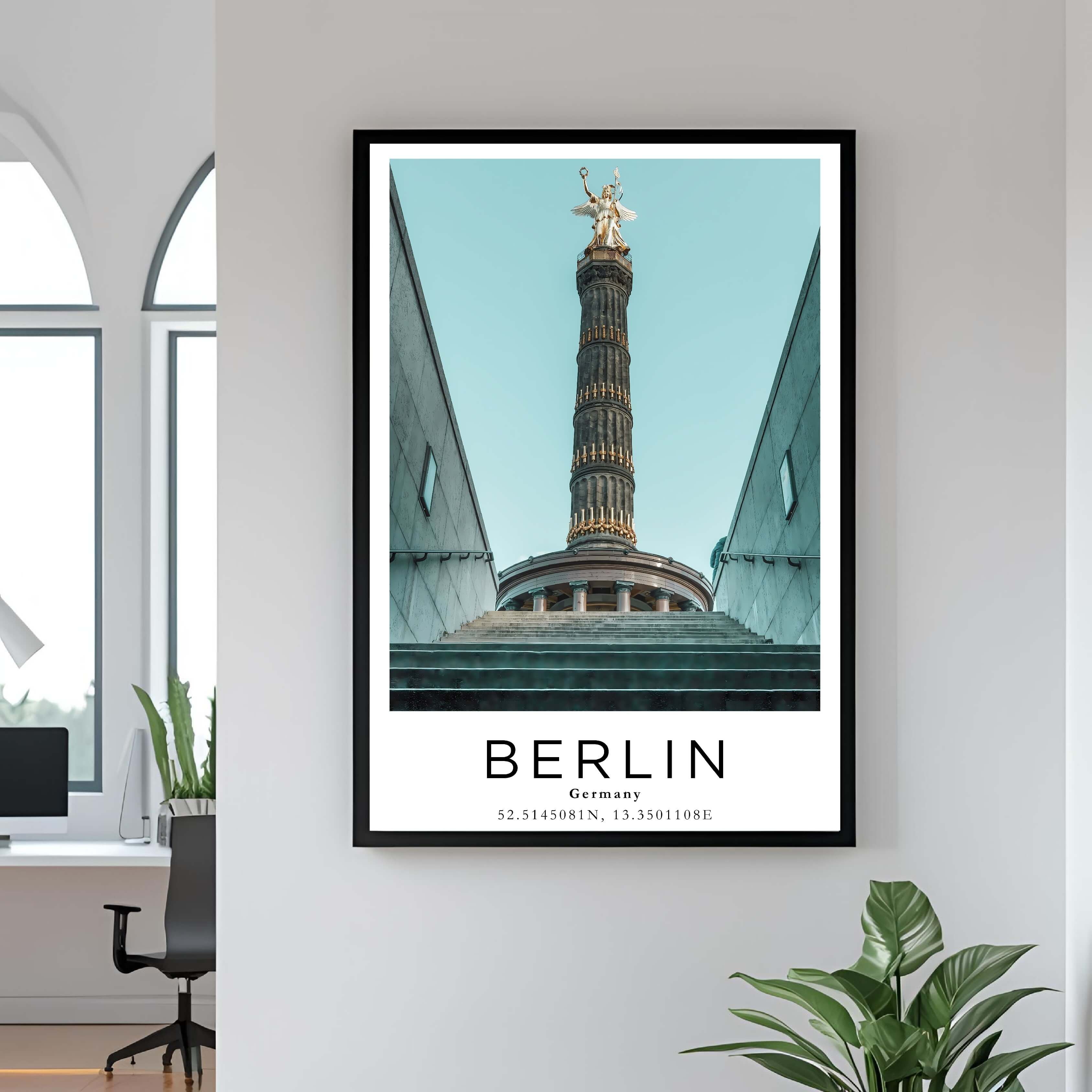 A curated art gallery wall that includes a framed Berlin poster, showcasing a creative and personalized collection of prints.