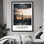 A curated art gallery wall that includes a framed London poster, showcasing a creative and personalized collection of prints.