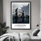 A curated art gallery wall that includes a framed London poster, showcasing a creative and personalized collection of prints.