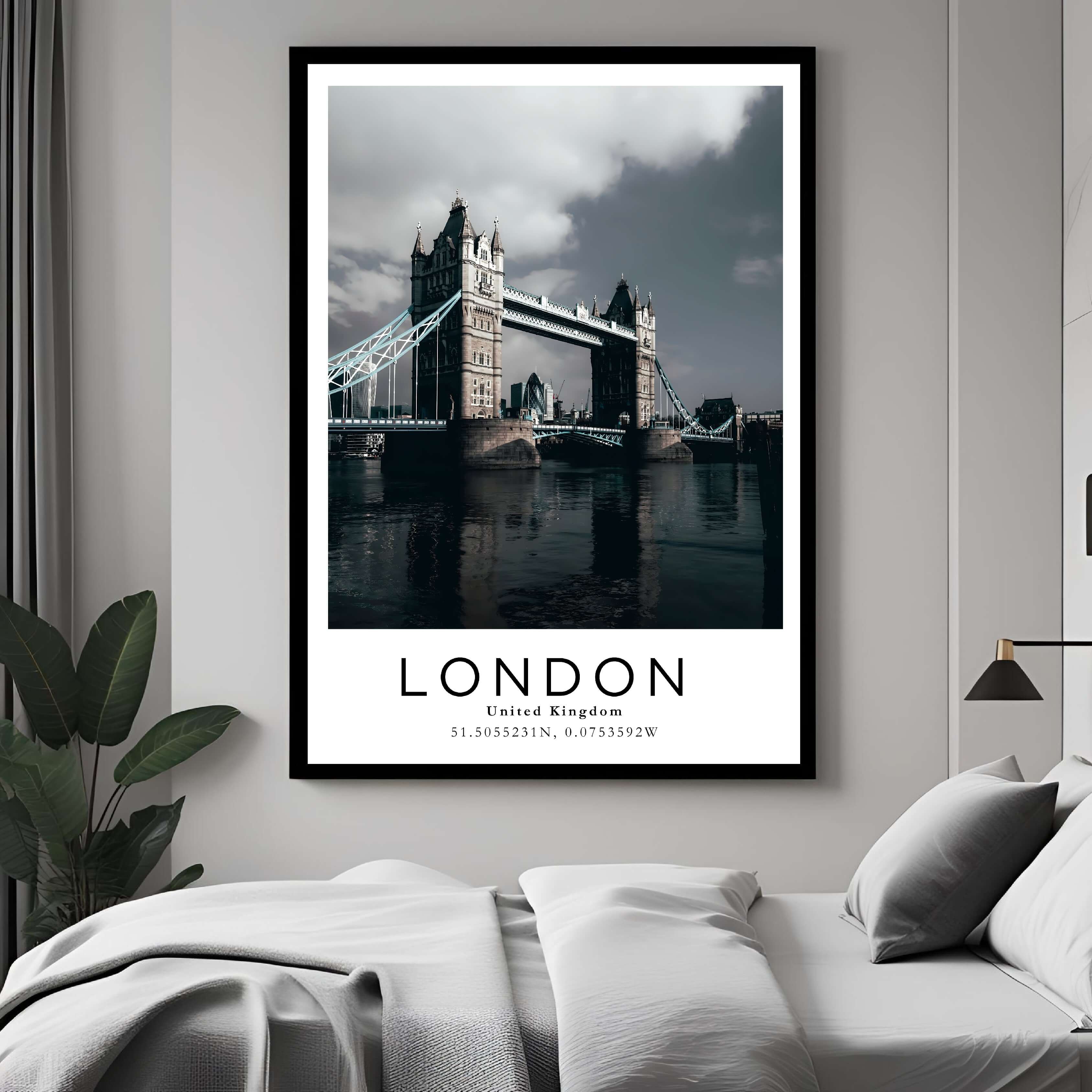 A curated art gallery wall that includes a framed London poster, showcasing a creative and personalized collection of prints.