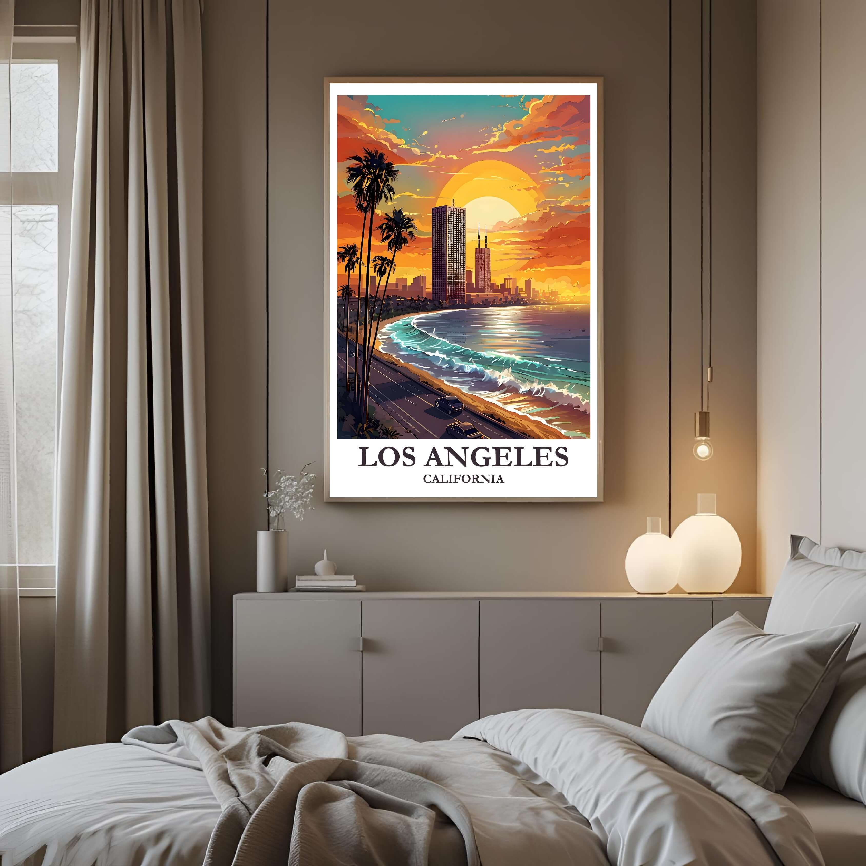A curated art gallery wall that includes the framed Los Angeles illustration, showcasing a creative and personalized collection of prints.