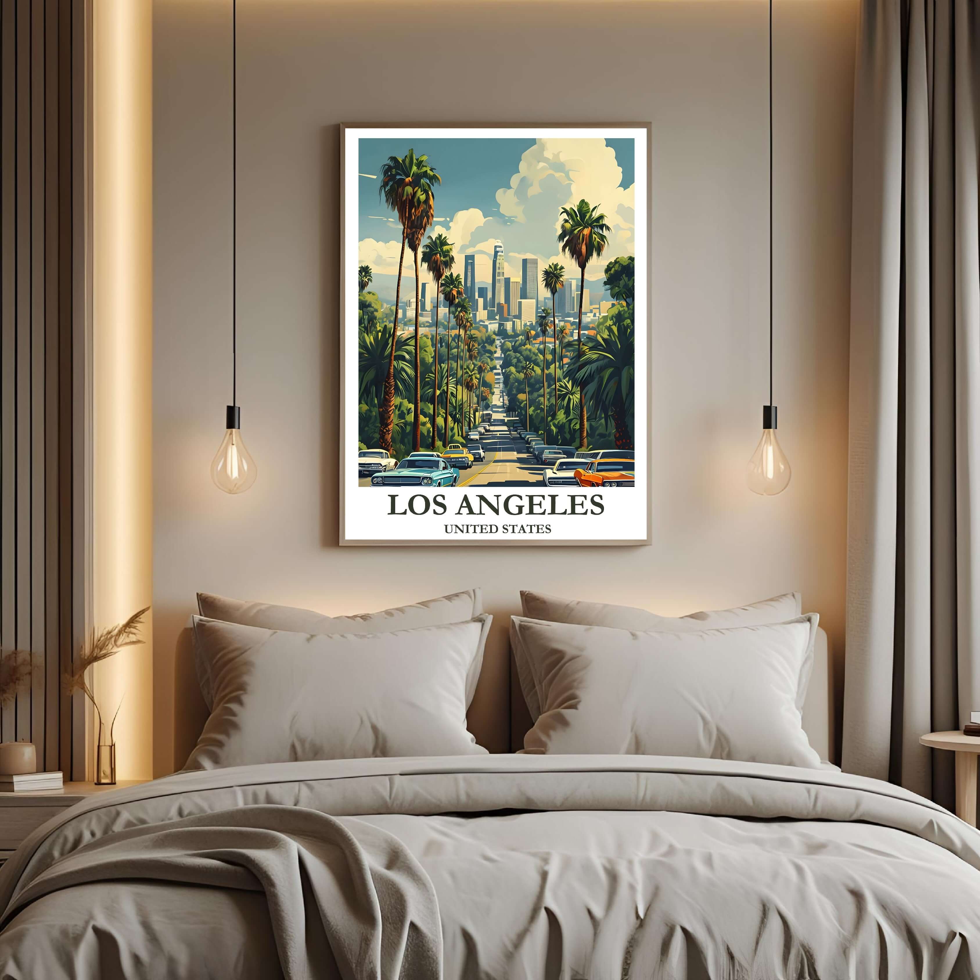 A curated art gallery wall that includes the framed Los Angeles illustration, showcasing a creative and personalized collection of prints.