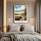 A curated art gallery wall that includes the framed North Carolina illustration, showcasing a creative and personalized collection of prints.