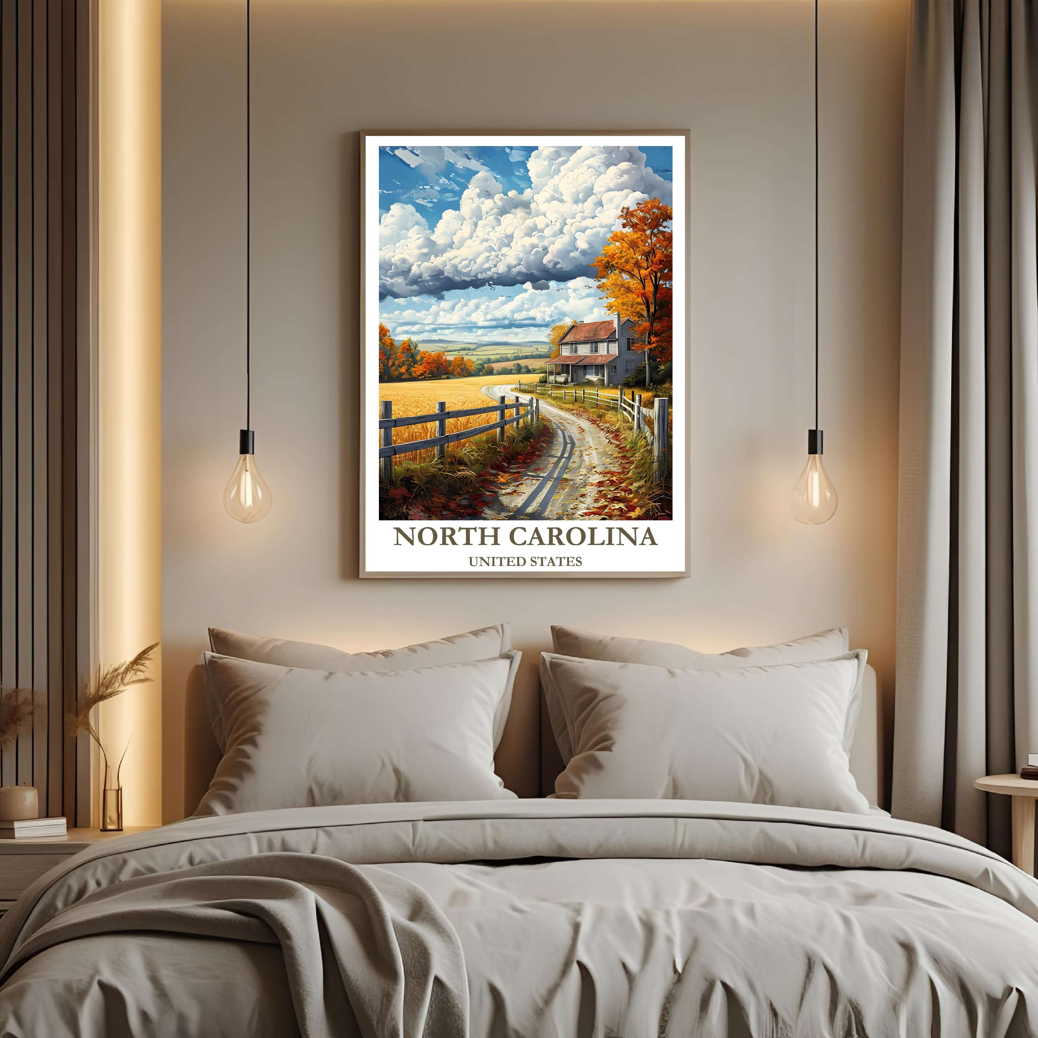 A curated art gallery wall that includes the framed North Carolina illustration, showcasing a creative and personalized collection of prints.