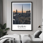 A curated art gallery wall that includes a framed Dubai poster, showcasing a creative and personalized collection of prints.