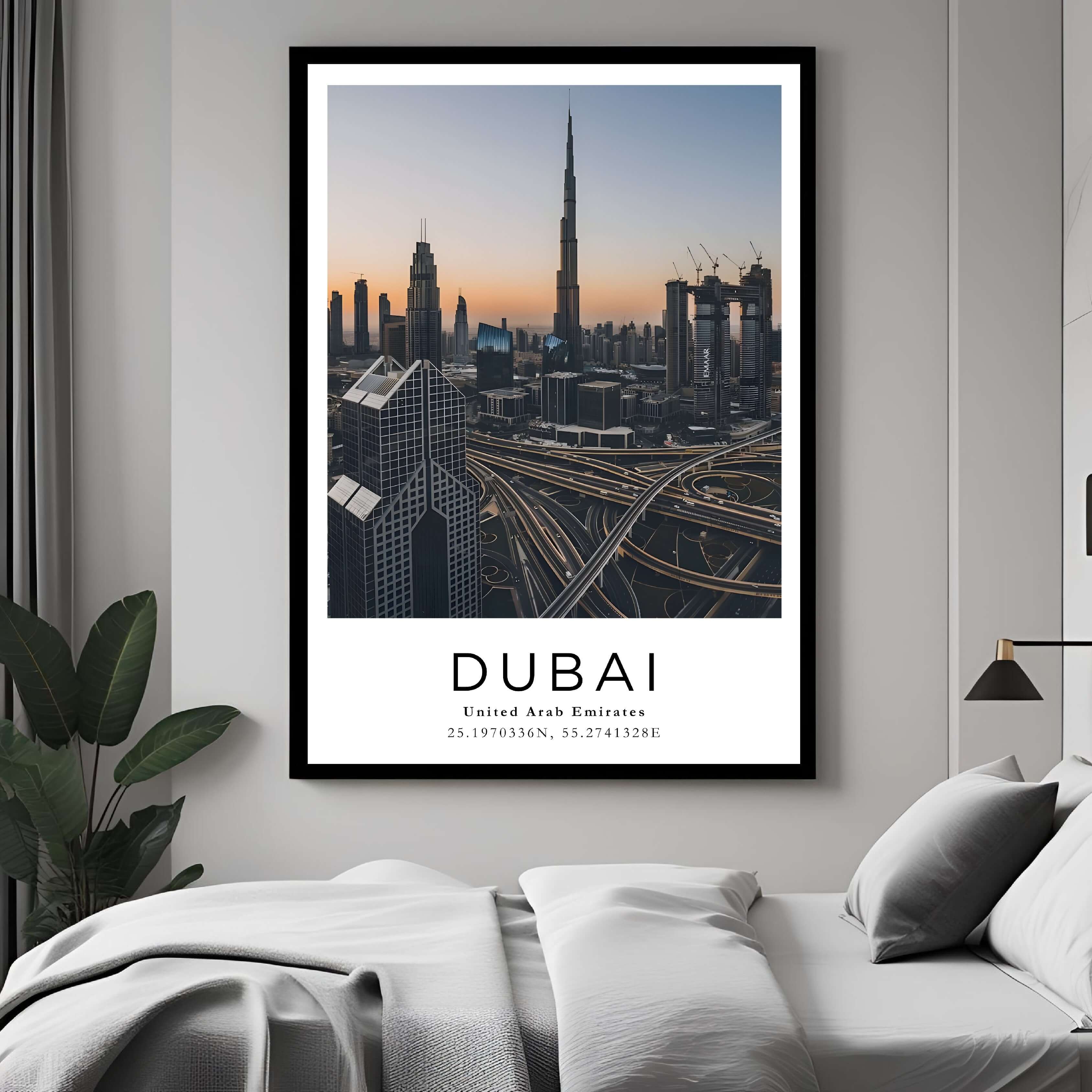 A curated art gallery wall that includes a framed Dubai poster, showcasing a creative and personalized collection of prints.