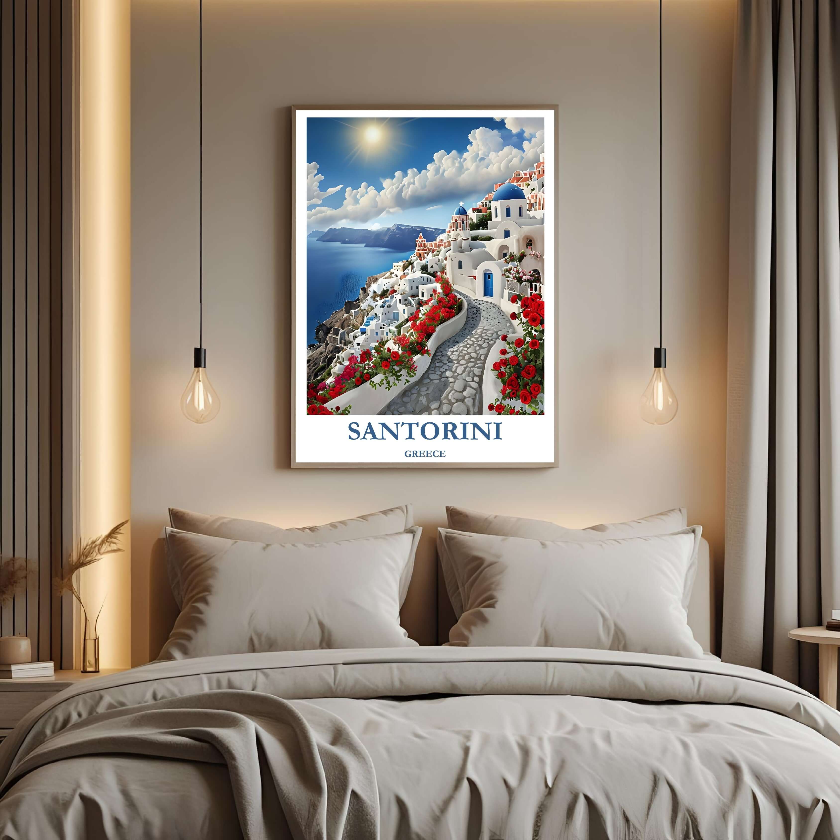 A curated art gallery wall that includes the framed Santorini print, showcasing a collection of iconic Mediterranean travel spots
