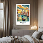 A curated art gallery wall that includes the framed Venice print, showcasing a collection of iconic Italian travel spots and landmarks.