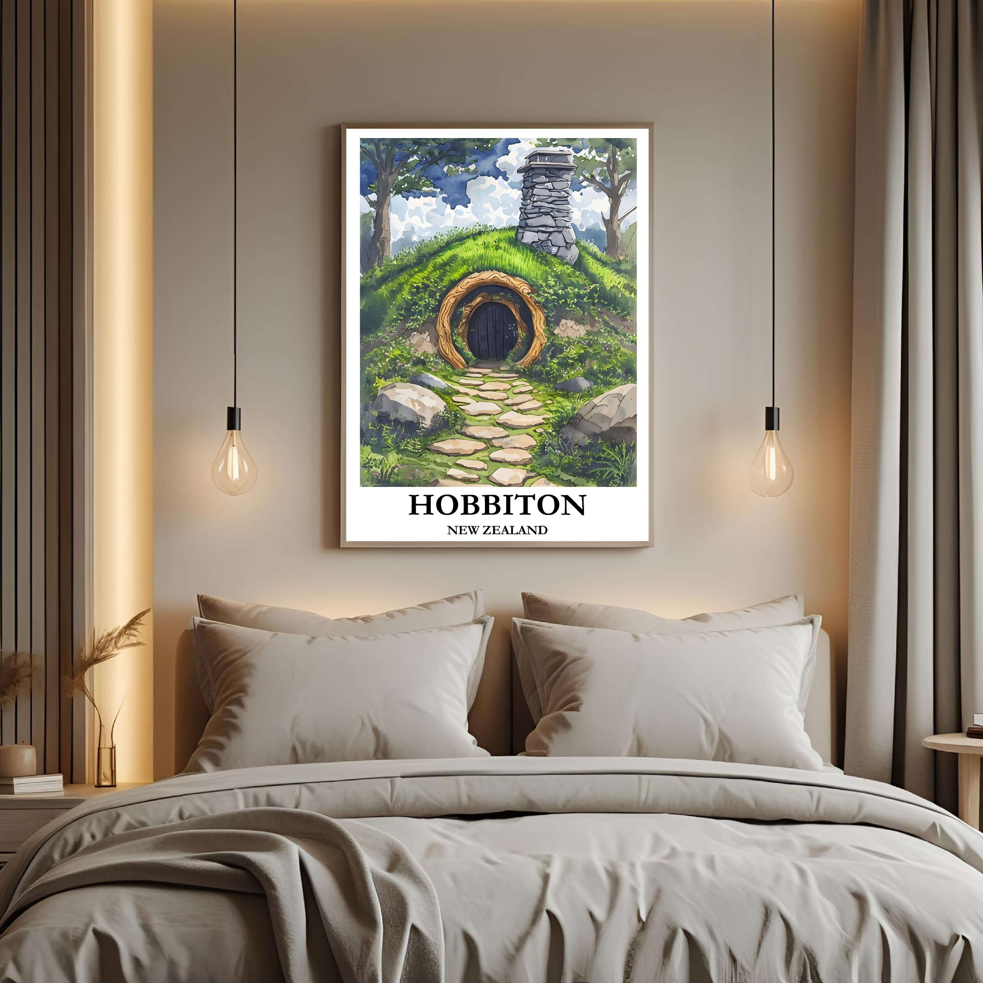 A curated art gallery wall that includes the framed Hobbiton illustration, showcasing a creative and personalized collection of prints.