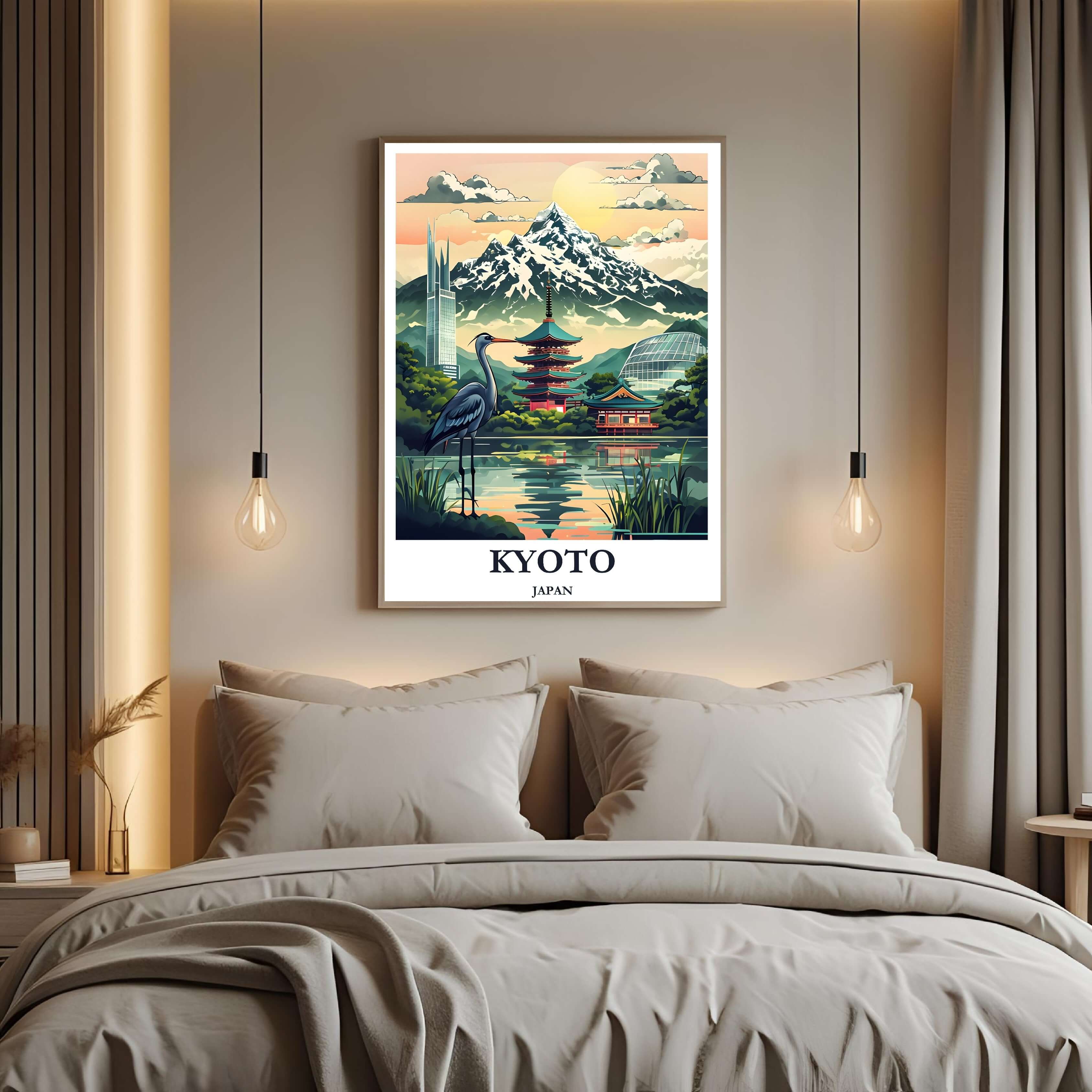 A curated art gallery wall that includes the framed Kyoto illustration, showcasing a creative and personalized collection of prints.