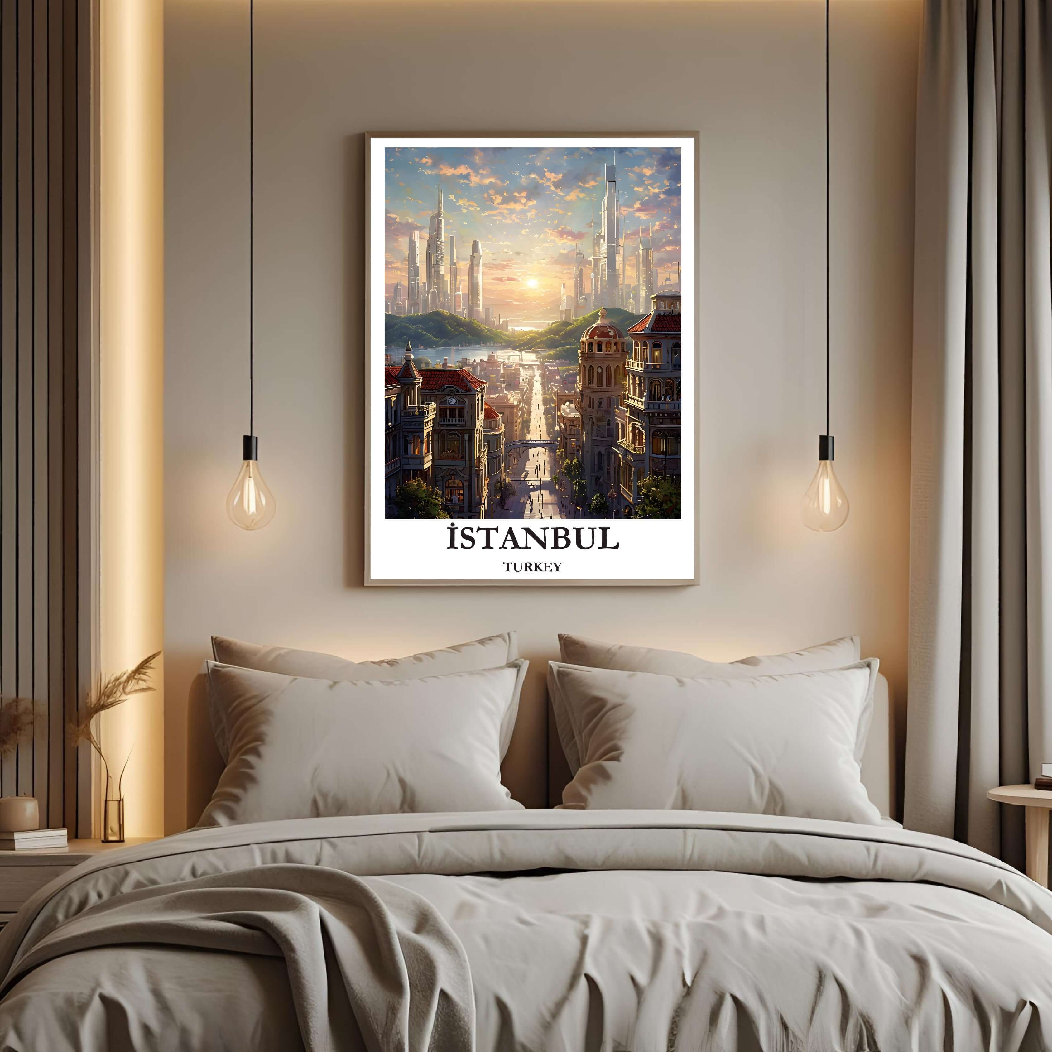 A curated art gallery wall that includes the framed Istanbul illustration, showcasing a creative and personalized collection of prints.