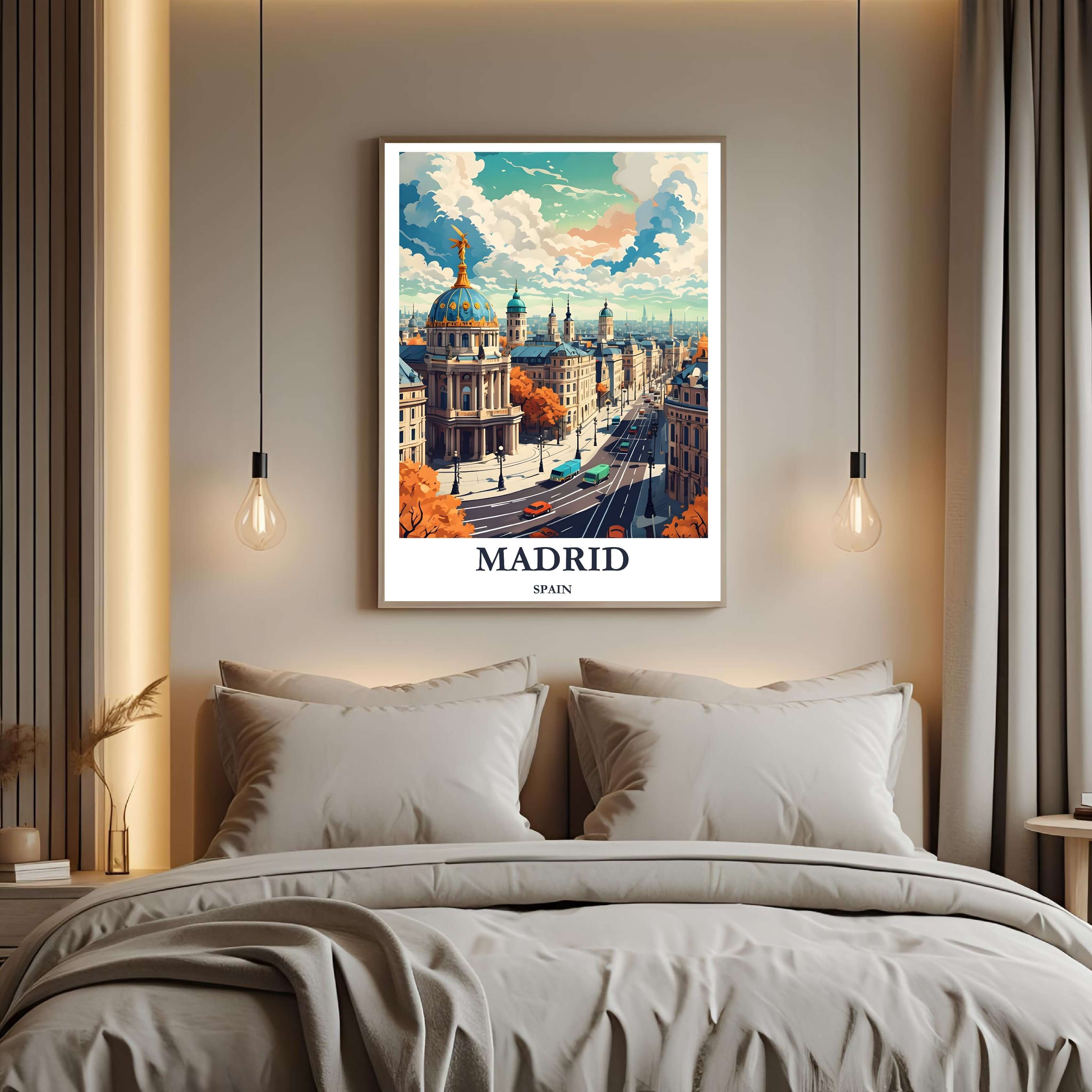 A curated art gallery wall that includes the framed Madrid illustration, showcasing a creative and personalized collection of prints.